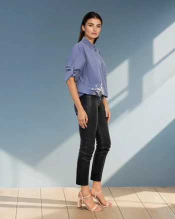 Cămașă mânecă fluture cu print argintiu albastru-jeans - Unica S-L