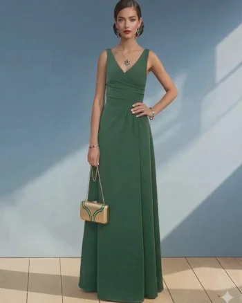 Rochie lungă cu decolteu în V verde - XS
