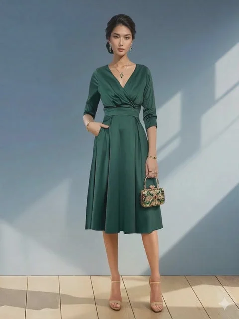 Rochie midi cu buzunare și mânecă 3/4 verde - XS