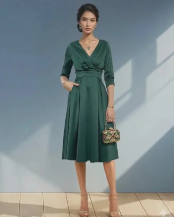 Rochie midi cu buzunare și mânecă 3/4 verde - XS