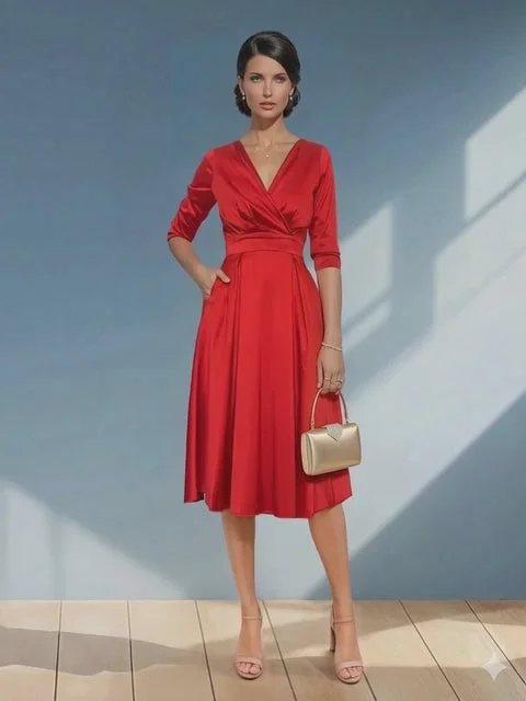 Rochie midi cu buzunare și mânecă 3/4 rosu - XS