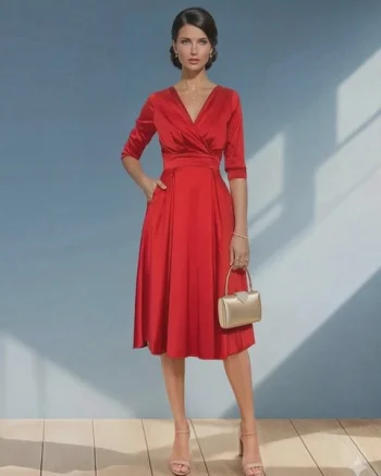 Rochie midi cu buzunare și mânecă 3/4 rosu - XS