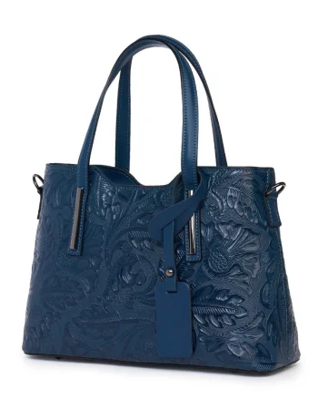 Geanta din piele naturala cu model floral Samantha bleumarin