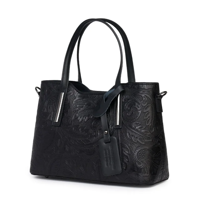 Geanta din piele naturala cu model floral Samantha neagra
