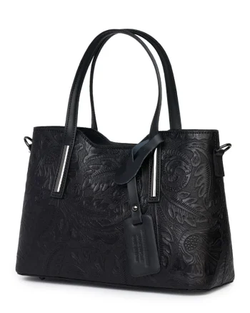 Geanta din piele naturala cu model floral Samantha neagra