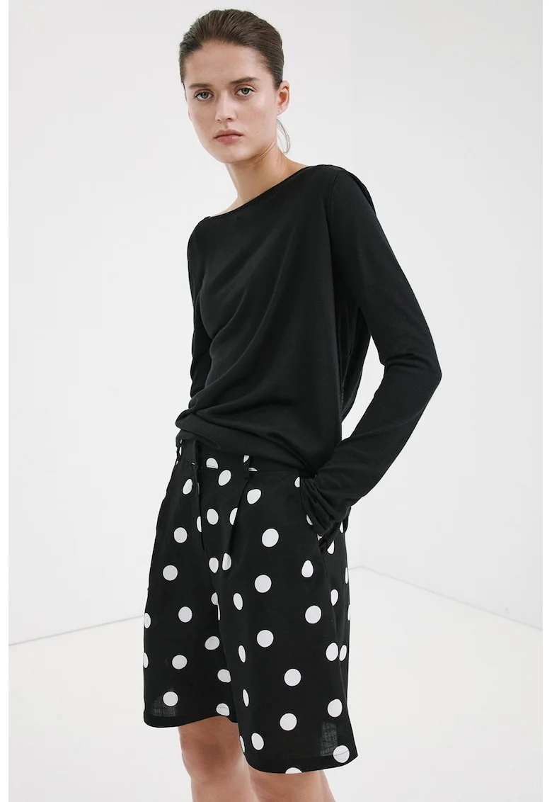 Pantaloni scurti din lyocell si in cu croiala ampla si buline, Alb/Negru