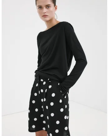 Pantaloni scurti din lyocell si in cu croiala ampla si buline, Alb/Negru