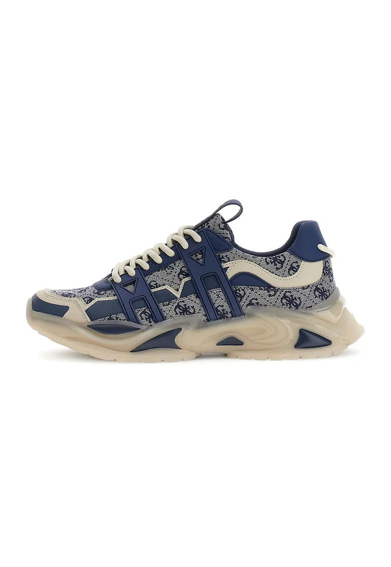 Pantofi sport cu garnitura din piele si model logo, Albastru inchis/Bej deschis