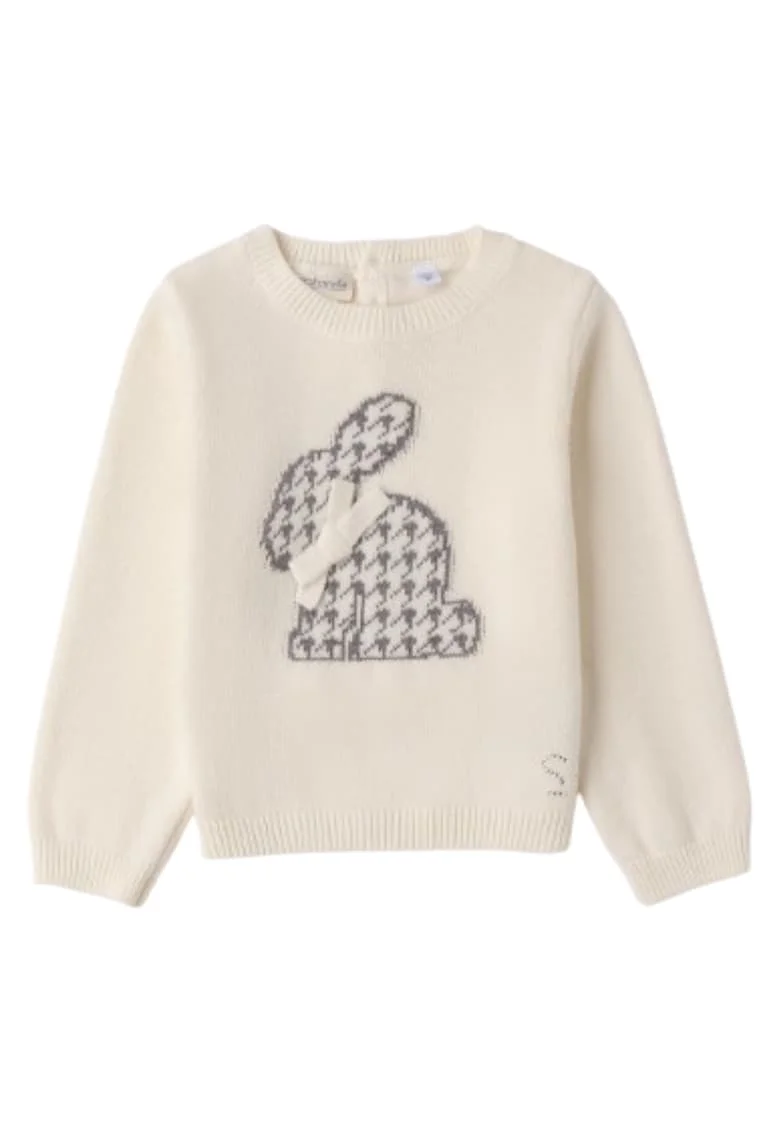 Pulover fete  din tricot, cu iepuras houndstooth si fundita, Alb crem
