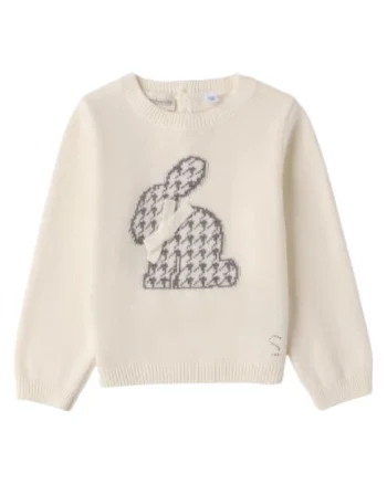 Pulover fete  din tricot, cu iepuras houndstooth si fundita, Alb crem