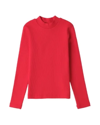 Bluza fete  cu guler inalt din bumbac elastic rib, Rosu