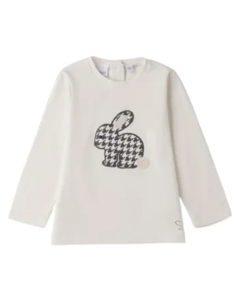 Bluza fete  din bumbac elastic, cu aplicatie iepuras, Alb natur
