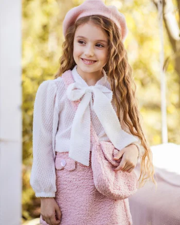 Compleu roz casual din stofa boucle pentru fete - Ella