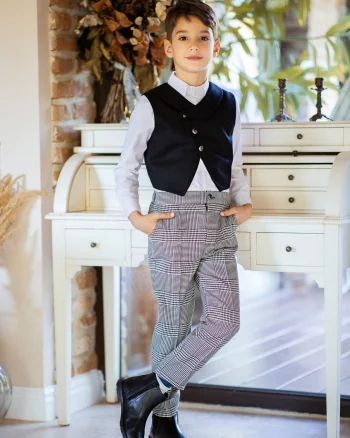 Costum negru elegant vesta din stofa si pantaloni in carouri pentru baieti - Enzo