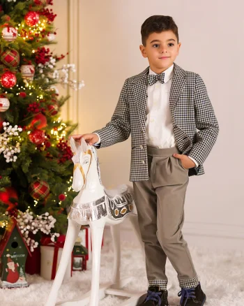 Costum elegant pentru baieti, sacou in carouri si pantalon din catifea gri  - Adam