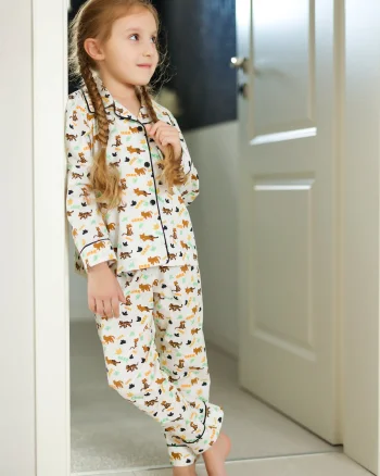 Pijama alba clasica din bumbac cu imprimeu animale pentru copii - Personalizare Broderie
