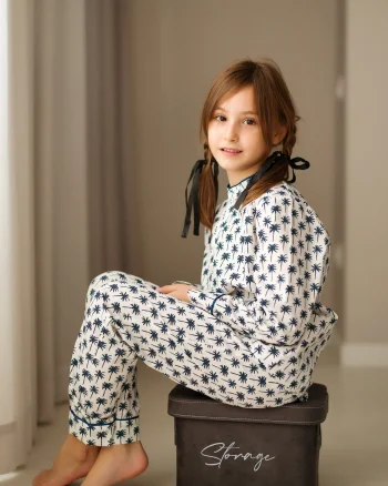 Pijama alba din bumbac cu imprimeu palmieri pentru copii - Personalizare Broderie