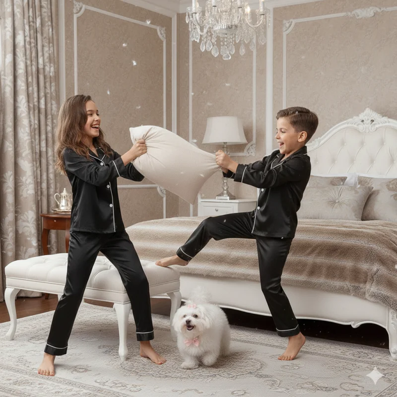 Pijama neagra model clasic din satin pentru copii - Personalizare Broderie