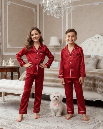 Pijama rosie model clasic din satin pentru copii - Personalizare Broderie
