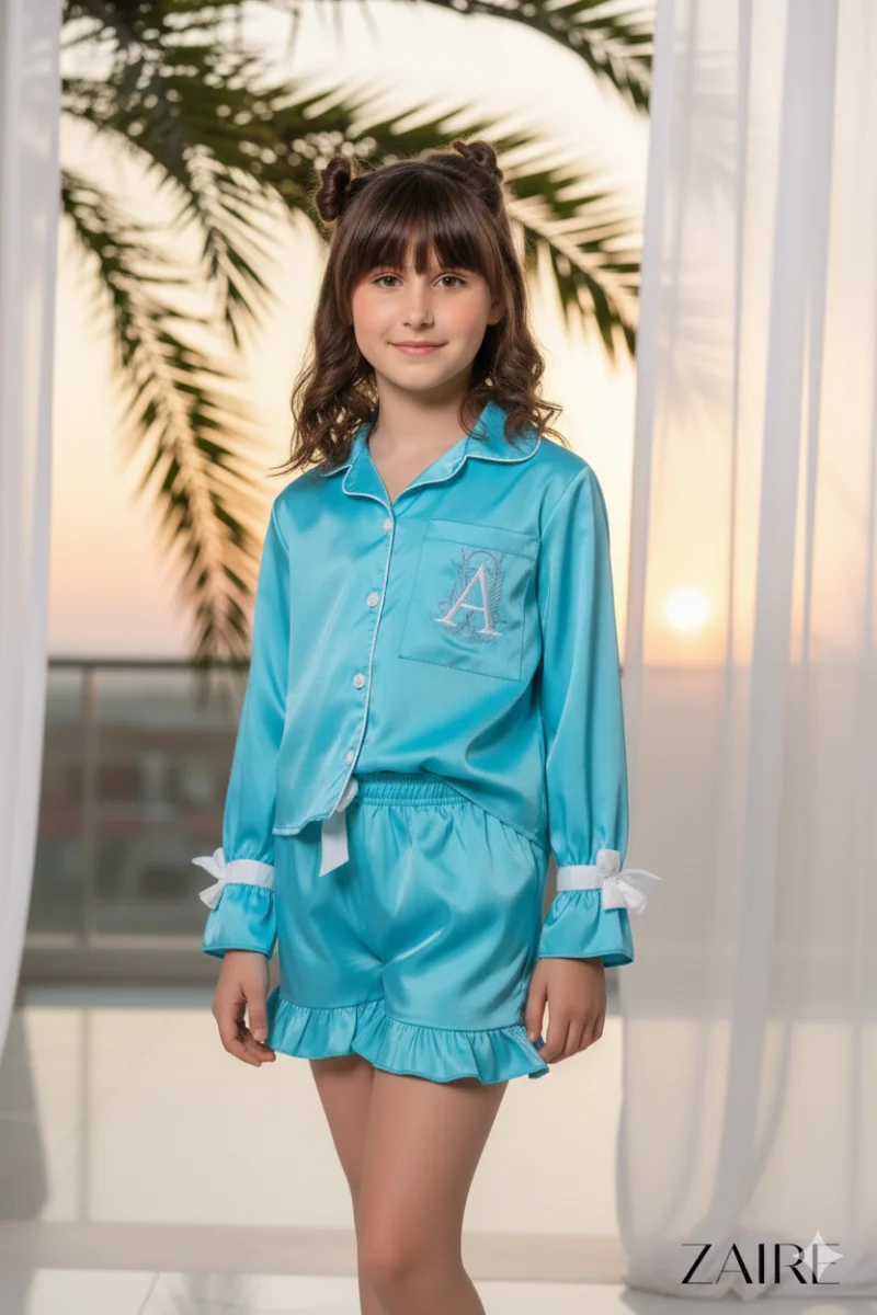 Pijama bleu de vara din satin pentru fete - Personalizare Broderie