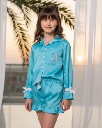 Pijama bleu de vara din satin pentru fete - Personalizare Broderie