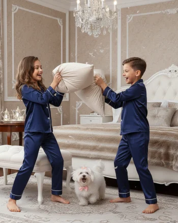 Pijama bleumarin model clasic din satin pentru copii - Personalizare Broderie