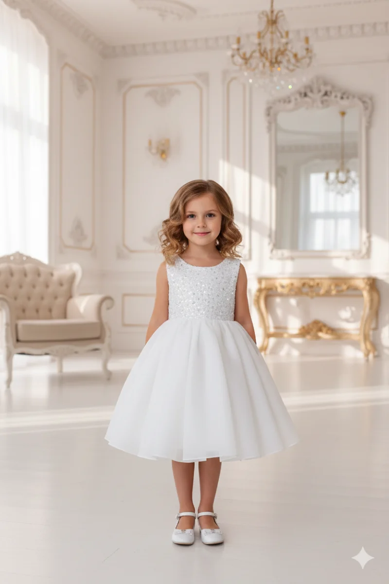 Rochie alba eleganta din dantela si organza pentru fete - Agnes