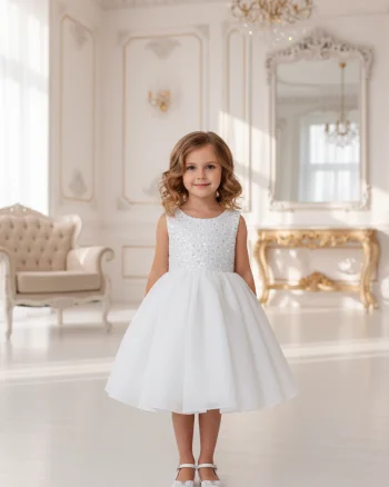 Rochie alba eleganta din dantela si organza pentru fete - Agnes