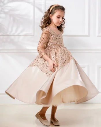 Rochie aurie eleganta din dantela cu perle pentru fete - Alisa