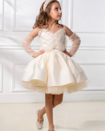 Rochie crem eleganta din tulle cu perle si tafta pentru fete - Noemi