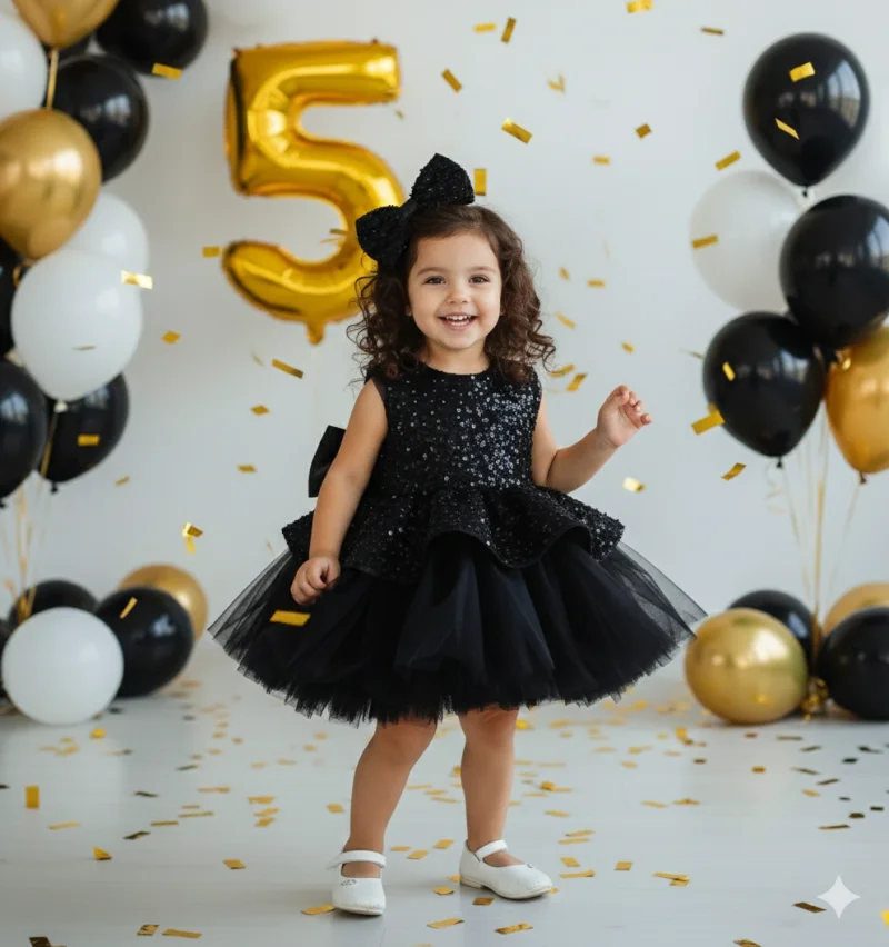 Rochie neagra eleganta din dantela cu perle si volane din tulle pentru fete - Candy