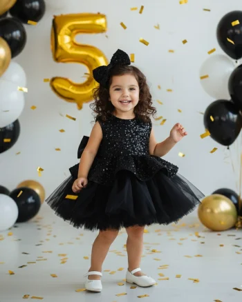 Rochie neagra eleganta din dantela cu perle si volane din tulle pentru fete - Candy