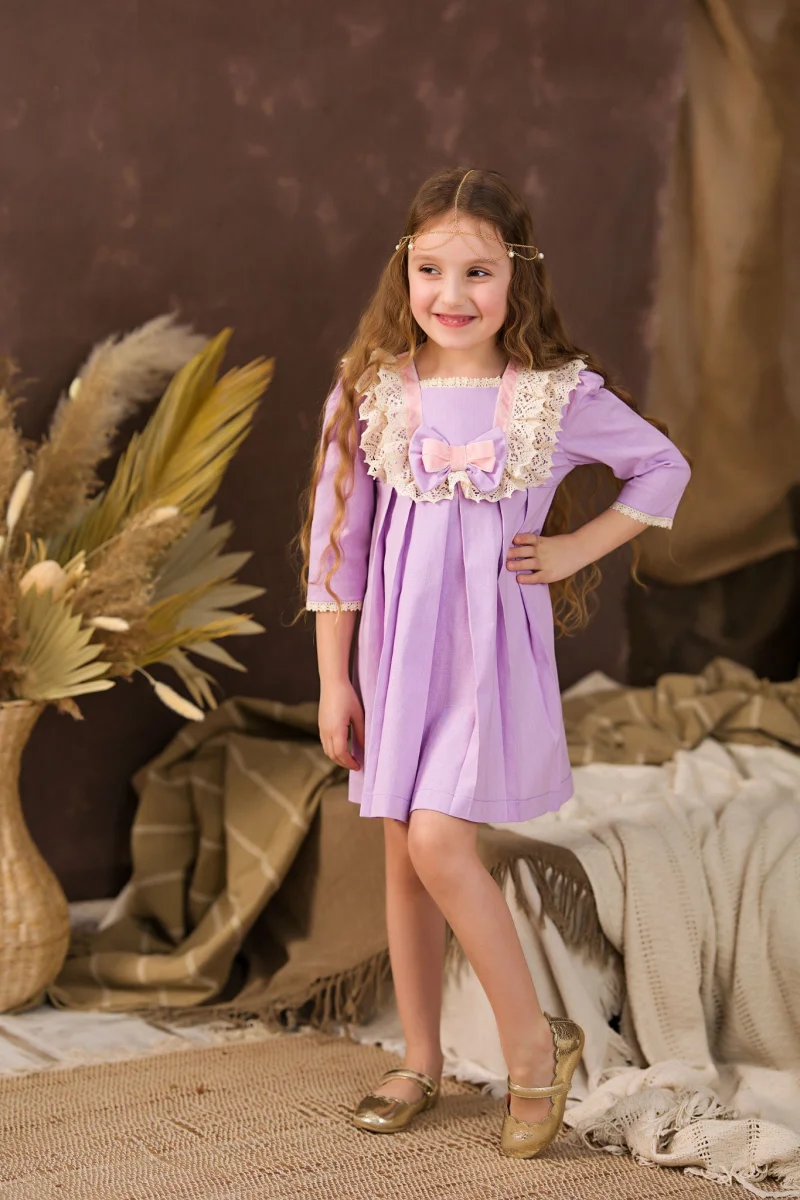 Rochie lila vintage din in pentru fete - 4-5 ani si 10 ani