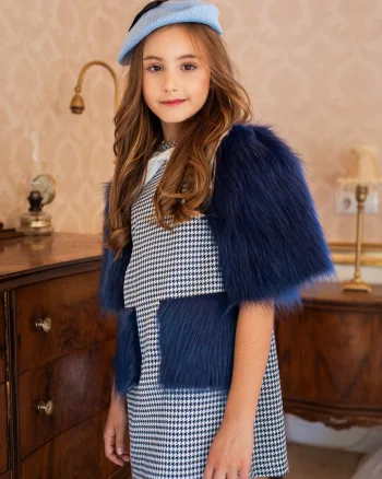Rochie eleganta pentru fete, stofa si maneci din blanita albastra - 7 ani - LIVRARE 24H