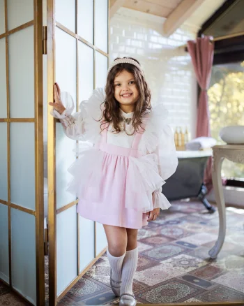 Rochie roz eleganta din stofa tweed si volane tulle alb pentru fete - Amy