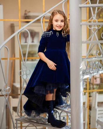 Rochie albastra eleganta cu trena din catifea pentru fete - Elisa