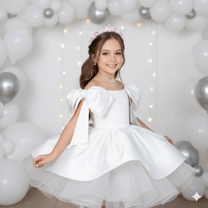 Rochie alba eleganta cu fundite pe umeri din tafta pentru fete - Barbie