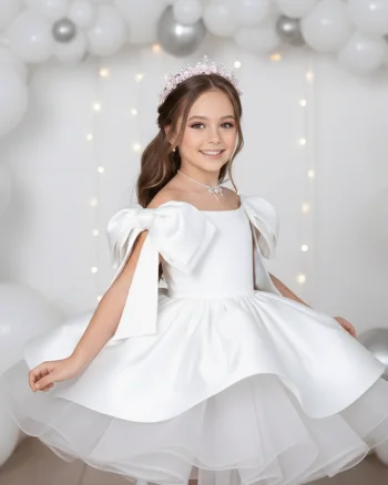 Rochie alba eleganta cu fundite pe umeri din tafta pentru fete - Barbie