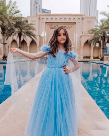 Rochie bleu lunga eleganta din tulle cu cristale si fulgi naturali pentru fete - Celia