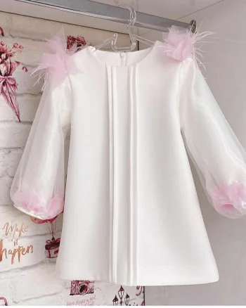 Rochie alba eleganta cu tulle fulgi naturali pentru fete - Rini