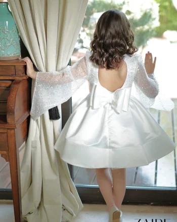 Rochie alba eleganta din dantela si tafta cu maneci evazate pentru fete - Scarlett