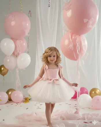 Rochie eleganta din catifea roz si tulle alb pentru fete - Mia
