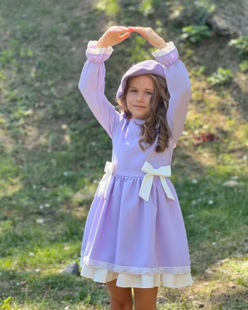 Rochie lila casual din stofa cu fundite si dantela alba pentru fete - Viky