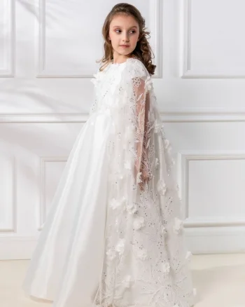 Rochie alba lunga eleganta cu pelerina din dantela pentru fete - Anastasia