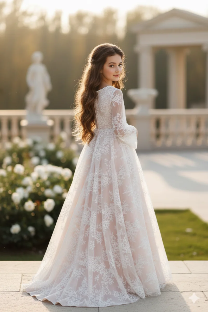 Rochie lunga eleganta cu dantela chantilly alba pentru fete - Serena