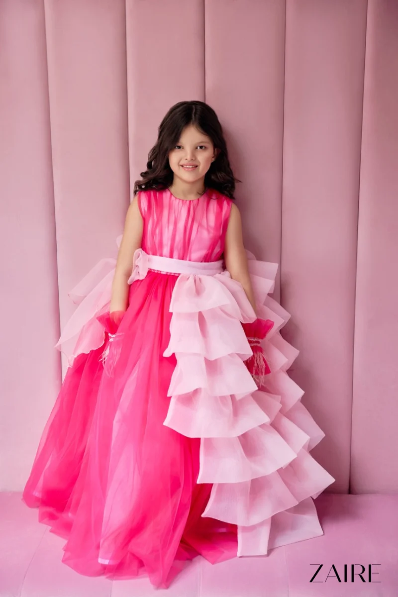Rochie roz lunga eleganta cu volane pentru fete - 7-8 ani