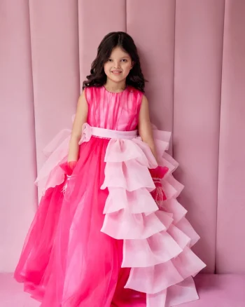 Rochie roz lunga eleganta cu volane pentru fete - 7-8 ani