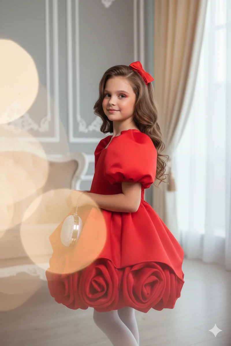 Rochie rosie eleganta din tafta si flori handmade pentru fete - Annabelle
