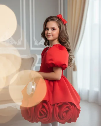 Rochie rosie eleganta din tafta si flori handmade pentru fete - Annabelle