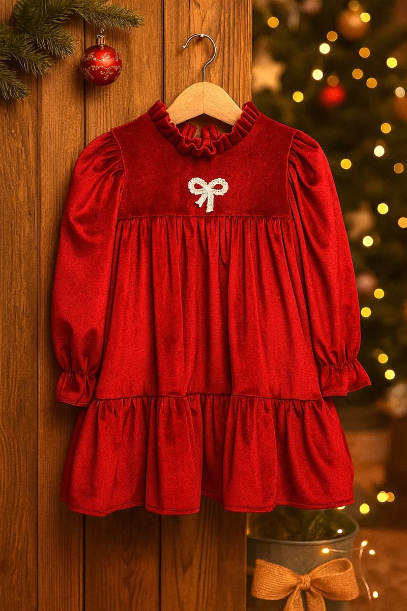 Rochie rosie din catifea pentru fete - Tania